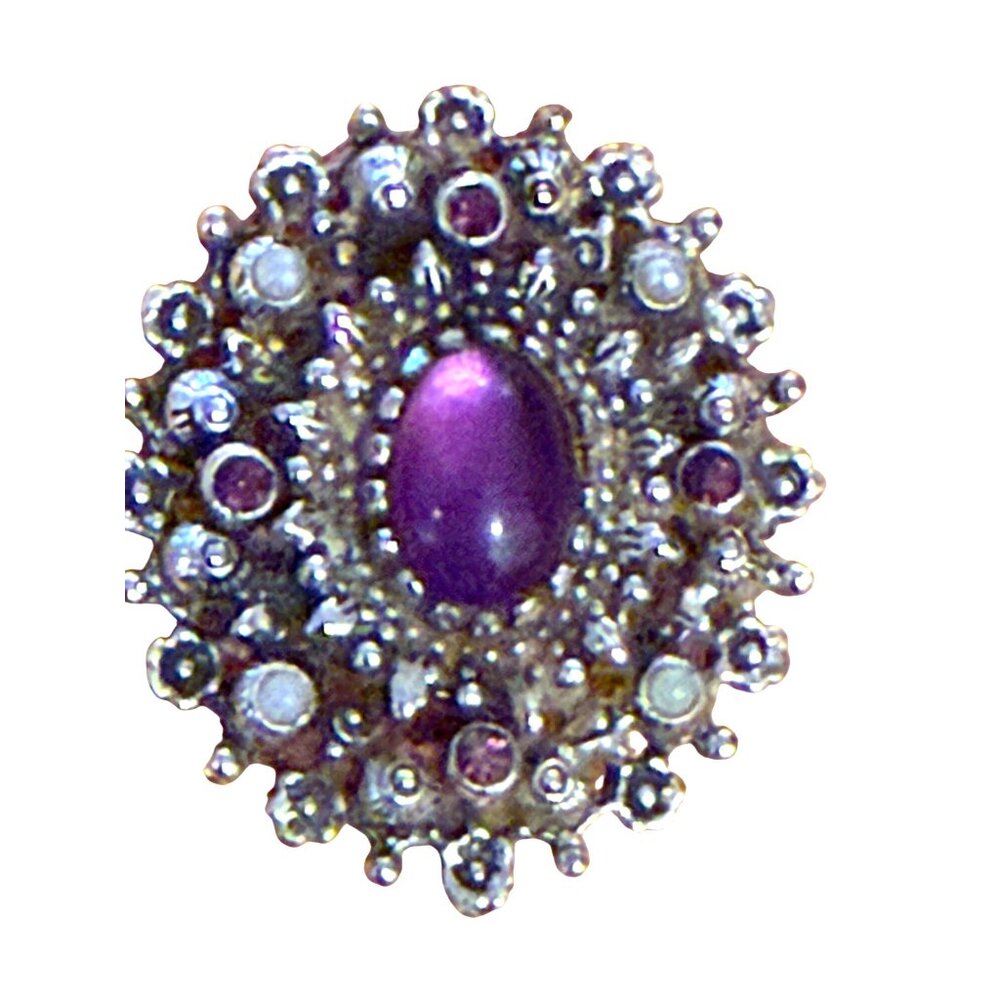 Vintage Sara Coventry Purple Cabochon Brooch With Faux Pearls & Rhinestones